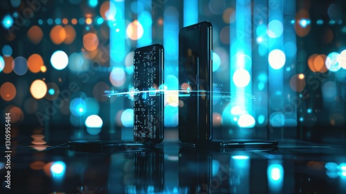 Two phones exchanging data with a blurred blue background