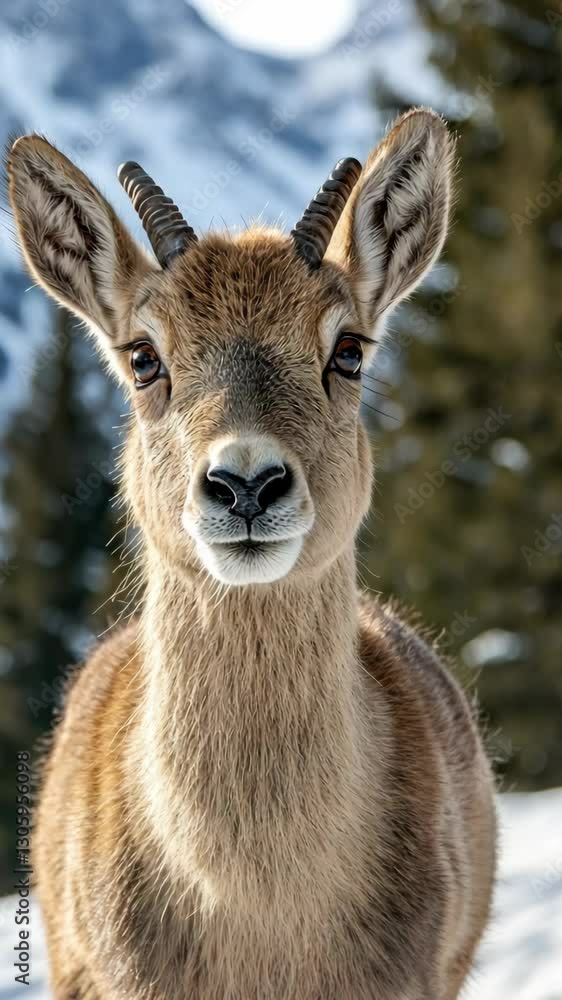 Young goat stands proudly against a snowy mountain backdrop in bright sunlight during winter Young goat stands proudly against a snowy mountain backdrop in bright sunlight during winter