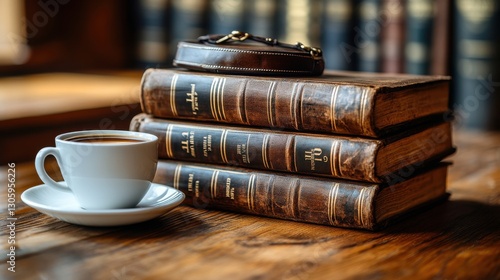 A professional lawyer's desk with financial law books, a briefcase, and a cup of coffee, illustrating the essence of legal practice and working life in a serene environment.