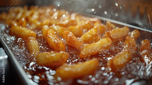 Golden Potatoes Deep Frying in Hot Oil