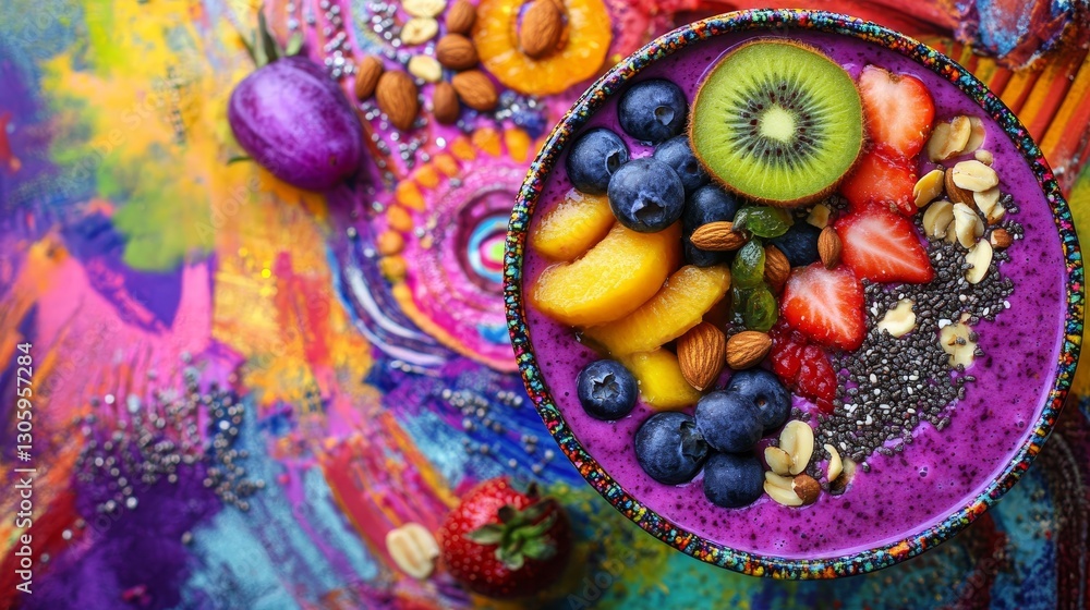 Vibrant Purple Smoothie Bowl Top View Composition, Fruit and Nut Toppings, Colorful Background, smoothiebowl healthyfood Vibrant Purple Smoothie Bowl Top View Composition, Fruit and Nut Toppings, Colorful Background, smoothiebowl healthyfood