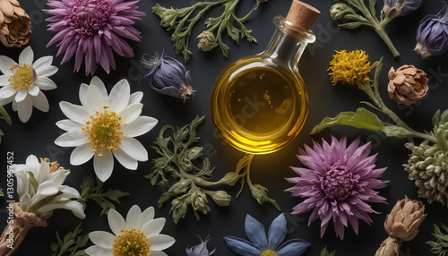 A composition of flowers and a glass bottle