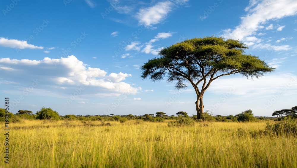 Lonely acacia tree in golden savanna under partly cloudy sky. Use Nature landscape photo Lonely acacia tree in golden savanna under partly cloudy sky. Use Nature landscape photo