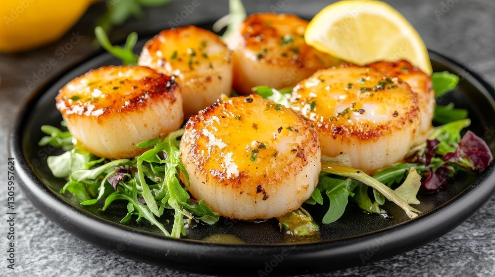 Seared Scallops with Lemon-Butter Sauce and Arugula, Food Photography, Closeup, Recipe, Delicious seafood, scallops
