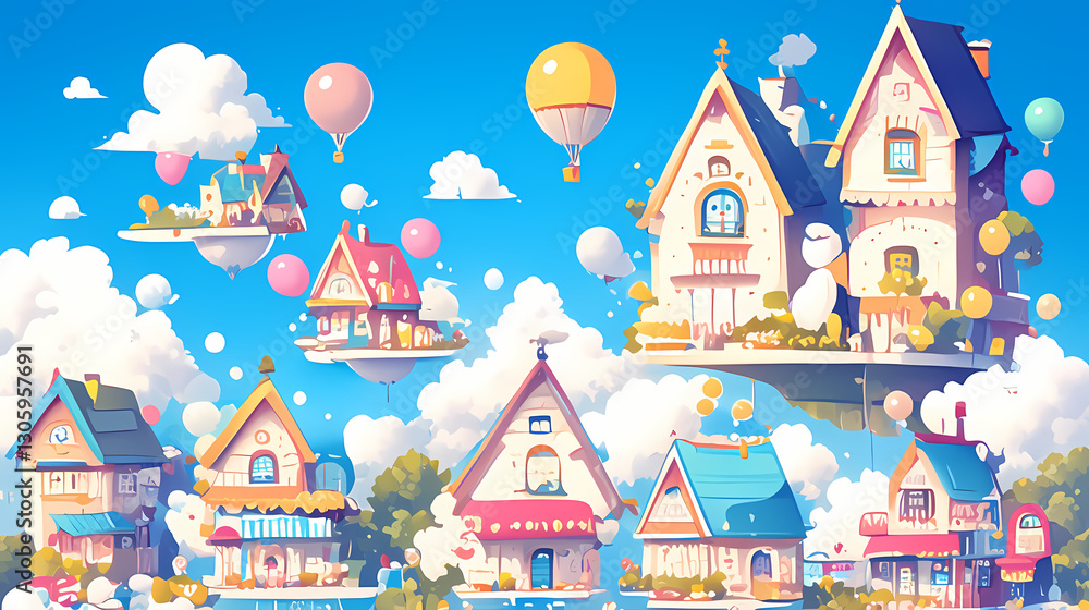 Colorful floating houses with balloons and clouds in a whimsical sky, creating a dreamy landscape Colorful floating houses with balloons and clouds in a whimsical sky, creating a dreamy landscape