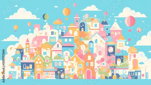 Colorful whimsical cityscape with vibrant houses, hot air balloons, and fluffy clouds in the sky