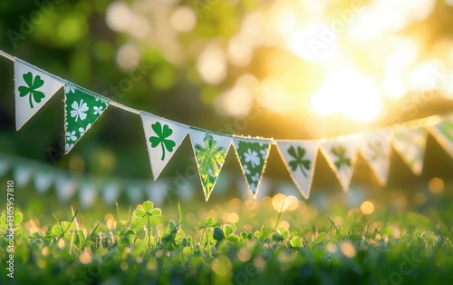 Happy St. Patrick's Day Background, a triangular string of green and white mini flags with shamrocks, hanging across a blurred grassy field with golden sunlight, vibrant and cheerful photo