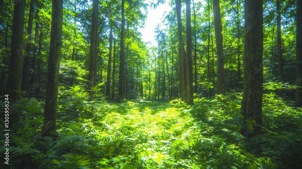 Obraz premium Serene Forest Path Sunlight Dappled Green Trees Lush Undergrowth Tranquil Nature Scene