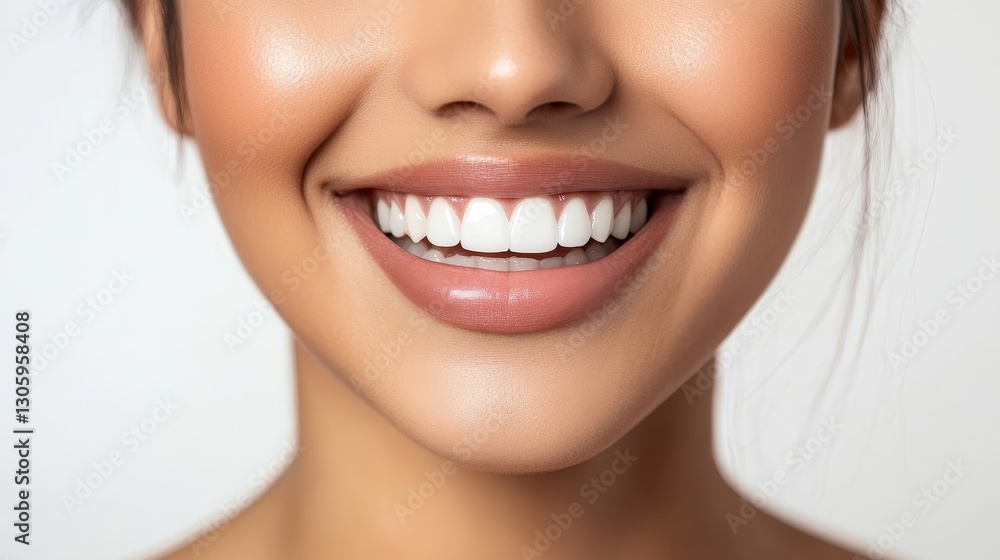 Obraz premium Close-up of a Woman's Radiant Smile Perfect Teeth and Glowing Skin, Smile Aesthetics, Dental Health Smile, Teeth Whitening