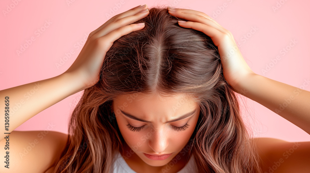 Fototapeta premium Woman Holding Her Head with a Distressed Expression, Looking Down Against a Pink Background – Low Self-Esteem Concept
