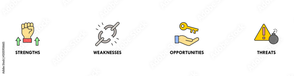 SWOT banner web icon vector illustration concept for strengths, weaknesses, opportunities and threats analysis with an icon of value, goal, break chain, low battery, growth, check, minus, and crisis SWOT banner web icon vector illustration concept for strengths, weaknesses, opportunities and threats analysis with an icon of value, goal, break chain, low battery, growth, check, minus, and crisis