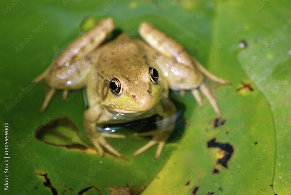 Obraz premium green frog on lily pad in pond