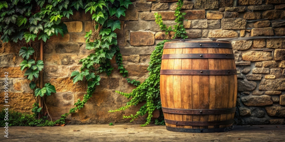 Wooden barrel against a rustic stone wall with vines and greenery , wooden, decor, wooden, decor, barrel Wooden barrel against a rustic stone wall with vines and greenery , wooden, decor, wooden, decor, barrel
