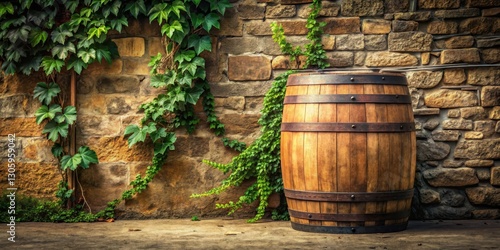 Wallpaper Mural Wooden barrel against a rustic stone wall with vines and greenery , wooden, decor,  wooden, decor, barrel Torontodigital.ca