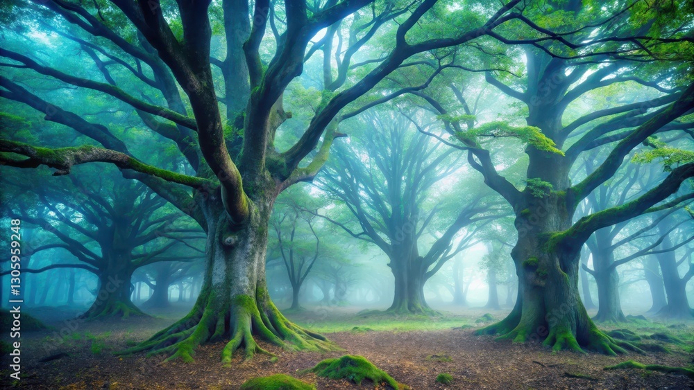 Naklejka premium Soft fog gently wraps around ancient trees in a misty forest, creating an eerie silence and mystical ambiance , peaceful ambiance, foggy atmosphere