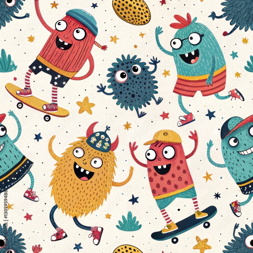 Obraz premium Seamless Celebration of Fun Characters and Whimsical Patterns in Digital Art