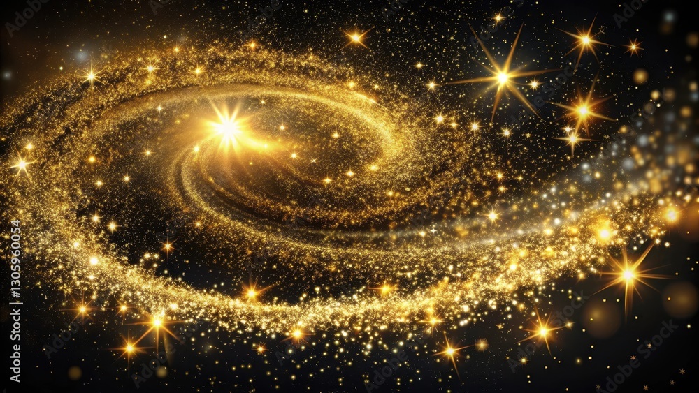 Obraz premium Golden glittering stars swirling over a black background, Sparkling stardust