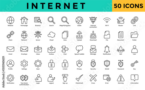 Internet icons set with website, homepage, browser, search, magnifying glass, globe, internet connection, wi-fi, router, link icon. Simple line vector 
