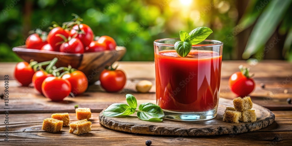 Panoramic Photo: Fresh Tomato Juice, Basil, Croutons - Summer Drink Recipe Panoramic Photo: Fresh Tomato Juice, Basil, Croutons - Summer Drink Recipe