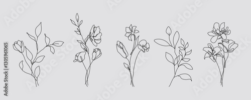 Flowers Set Continuous One Line Drawing. Line Art Flowers Collection. Simple Line Art Floral Vector Illustration Black Sketch Isolated on White Background. Minimalist Botanical Hand Drawn Design 