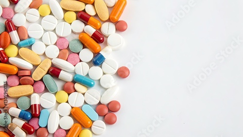 Panoramic Pill Pile Photo: Close-up Medicine Tablets, White Background, Pharmacy, Healthcare, Drug, Pills, Medication