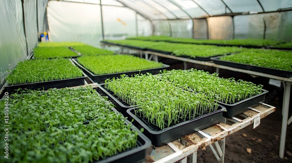 Fototapeta premium Advanced vertical farm inside a greenhouse with multi level trays of microgreens illuminated by energy efficient LED grow lights