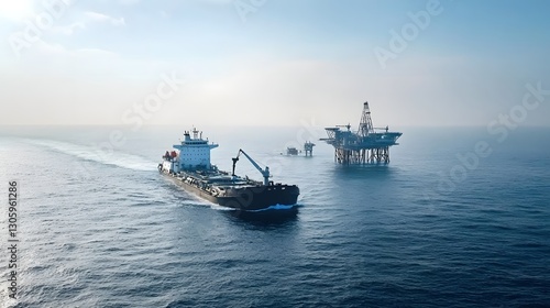 Aerial view of a fuel barge refueling a distant offshore oil platform in the open sea  The barge is transporting fuel to the offshore platform