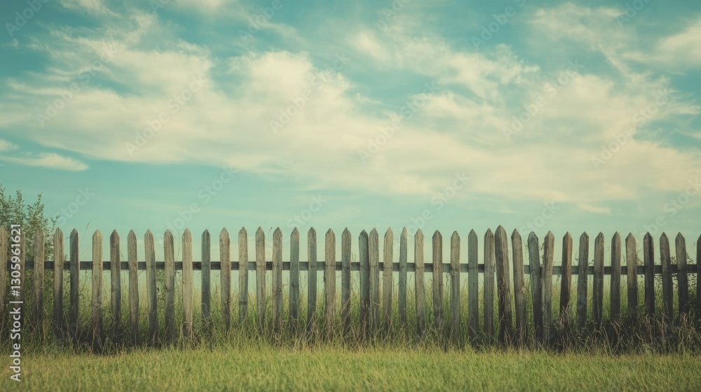 Fototapeta premium A charming wooden fence along a peaceful grassy expanse, with space for text in the upper right corner, evoking rural serenity