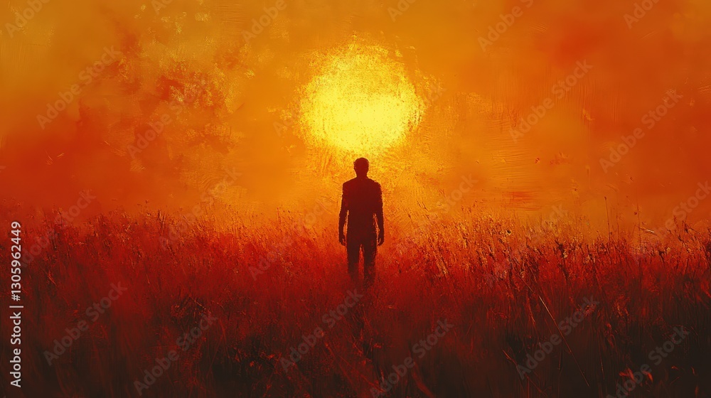 Fototapeta premium Lone Figure Sunset Field, Fiery Sky