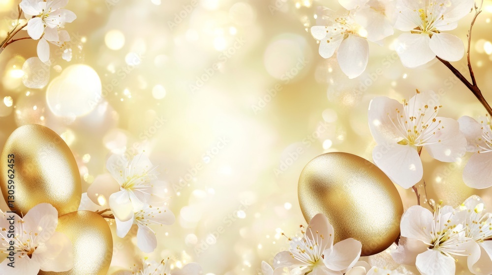 Elegant Easter banner featuring gold eggs and blossoming branches on a bright background with ample copy space Elegant Easter banner featuring gold eggs and blossoming branches on a bright background with ample copy space