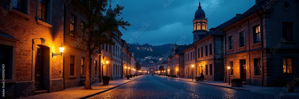 Historic city at night with old buildings and cobblestone streets, architecture, vintage Historic city at night with old buildings and cobblestone streets, architecture, vintage