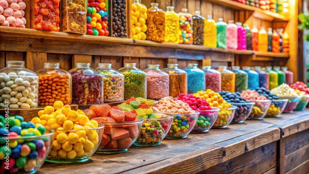 Fototapeta premium Colorful sweets arranged artfully on wooden counter in a bustling Camden Town sweet shop, with colorful background and natural light , treats, colourful