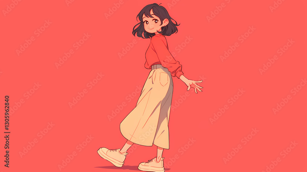 Young woman in casual attire walking confidently against a vibrant coral background, exuding joy