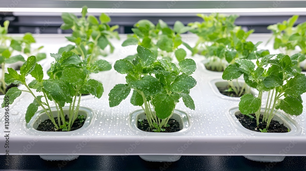 Fototapeta premium Close up Shot of Lush Healthy Hydroponic Herbs Growing in Cultivation Trays with Glistening Water Droplets Showcasing a Sustainable and Efficient Indoor Gardening Solution