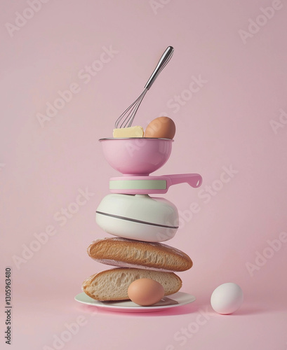 A surreal composition of butter, eggs, and a baguette stacked with kitchen utensils in a delicate balance. Ideal for creative food-related campaigns, modern culinary blogs, conceptual design projects, photo