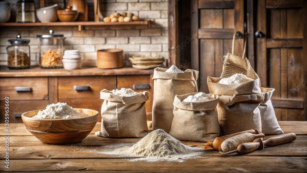 Fototapeta premium Fresh flour bags piled high on a vintage wooden kitchen table , rustic kitchen, flour