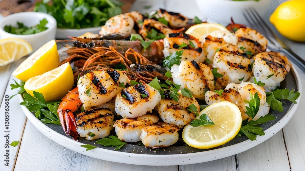 Delectable Grilled Seafood Platter Featuring an Assortment of Fresh Shrimp Scallops and Fish Complemented by Vibrant Summer Herbs and Zesty Lemon Wedges Delectable Grilled Seafood Platter Featuring an Assortment of Fresh Shrimp Scallops and Fish Complemented by Vibrant Summer Herbs and Zesty Lemon Wedges