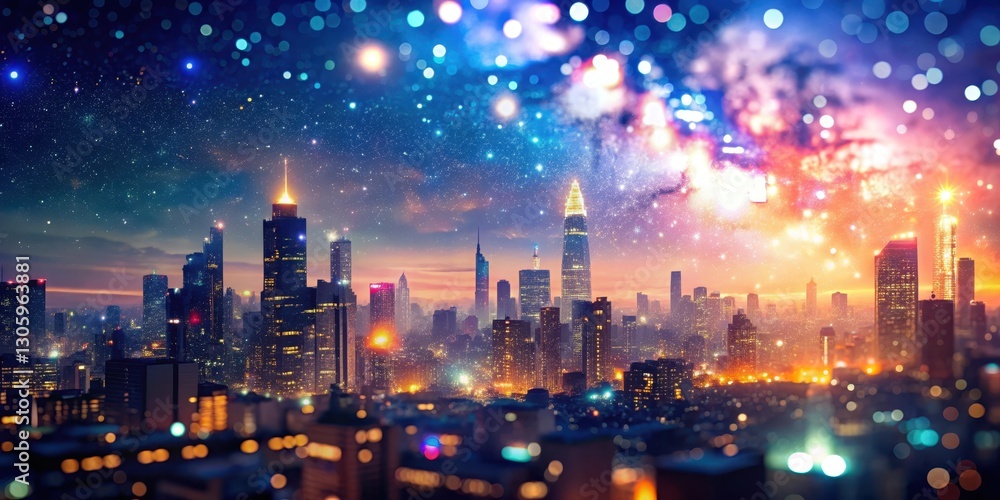 Fototapeta premium Soft focus cityscape at dusk with blurred buildings and neon lights against a bright starry sky