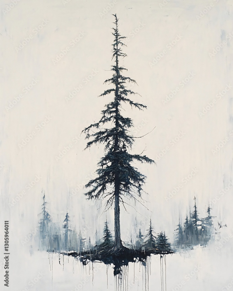 Solitary evergreen tree, misty forest background, nature serenity, peaceful landscape, ideal for meditation or nature themed designs Solitary evergreen tree, misty forest background, nature serenity, peaceful landscape, ideal for meditation or nature themed designs