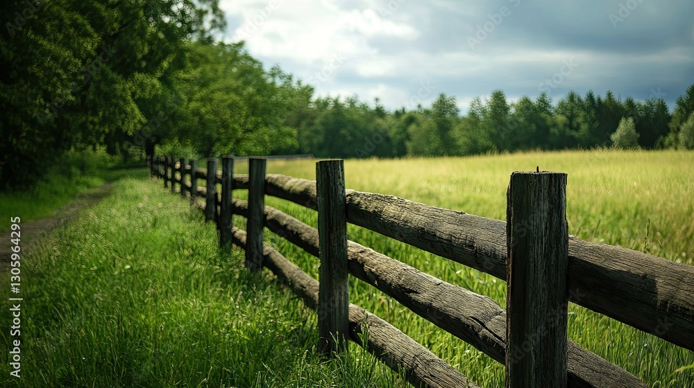 A charming wooden fence along a rural field, with text space in the upper right corner, evoking the essence of farm life A charming wooden fence along a rural field, with text space in the upper right corner, evoking the essence of farm life