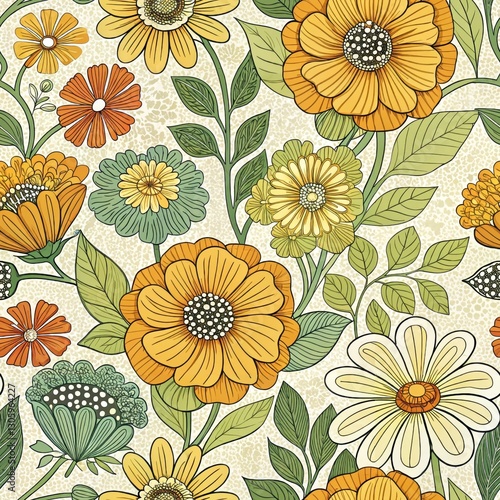 Vibrant Floral Digital Art Seamless Nature Pattern with Top View Aesthetic Appeal