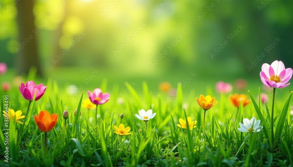 Fototapeta premium Fresh green grass with colorful flowers, perfect for spring season, botany, nature