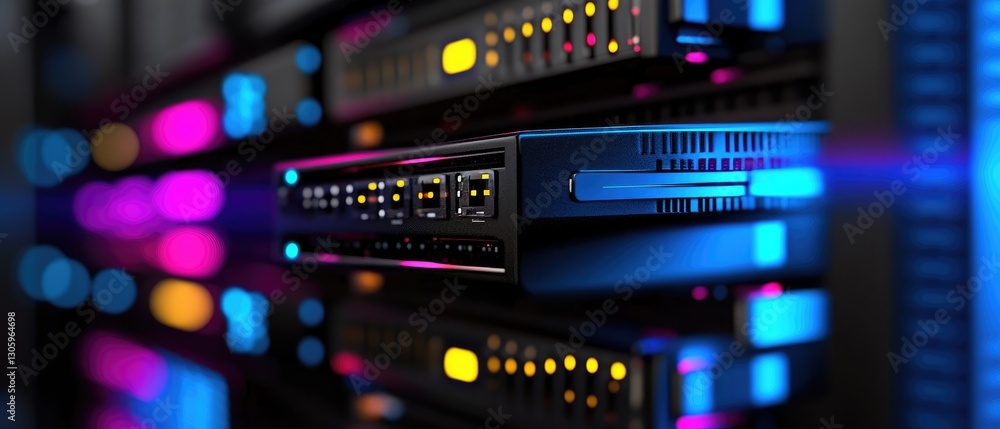 Close-Up of Modern Server Racks with Vibrant Neon Lighting in a Data Center Environment Close-Up of Modern Server Racks with Vibrant Neon Lighting in a Data Center Environment