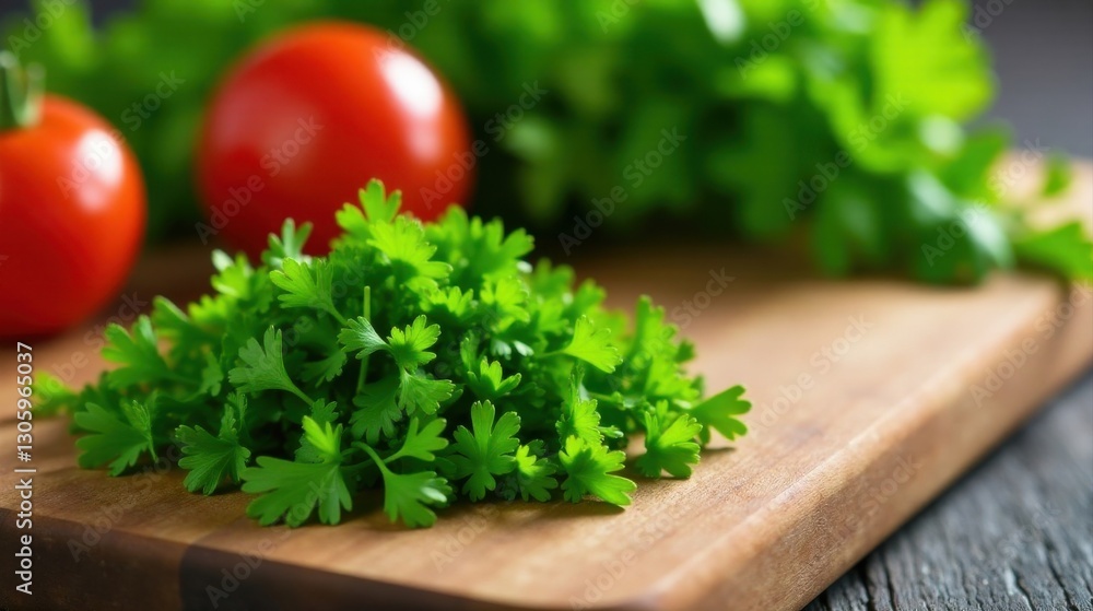 Fresh Parsley Sprigs on Wooden Cutting Board with Blurred Tomatoes in Background Fresh Parsley Sprigs on Wooden Cutting Board with Blurred Tomatoes in Background