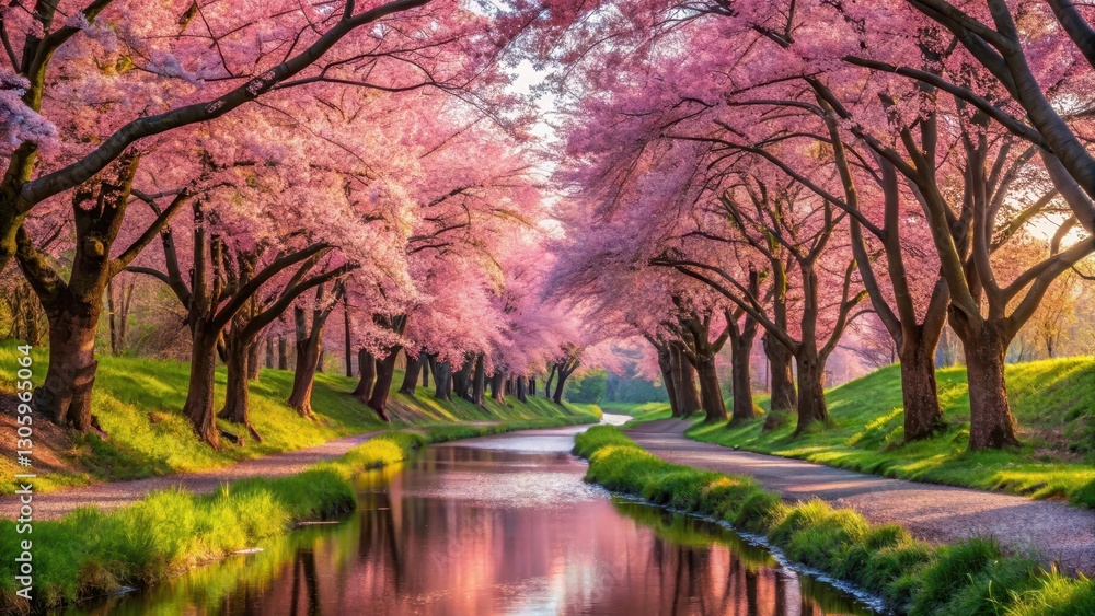 Pink cherry blossoms along a winding road lined with tall trees and a gentle stream running alongside, creating a picturesque scene of nature's beauty, forest, peaceful atmosphere Pink cherry blossoms along a winding road lined with tall trees and a gentle stream running alongside, creating a picturesque scene of nature's beauty, forest, peaceful atmosphere