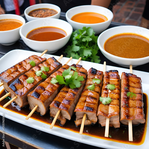 Mouthwatering display of grilled pork neck known as Kor Moo Yang served with a tangy and flavorful tamarind sauce at a vibrant Isaan style street food stall