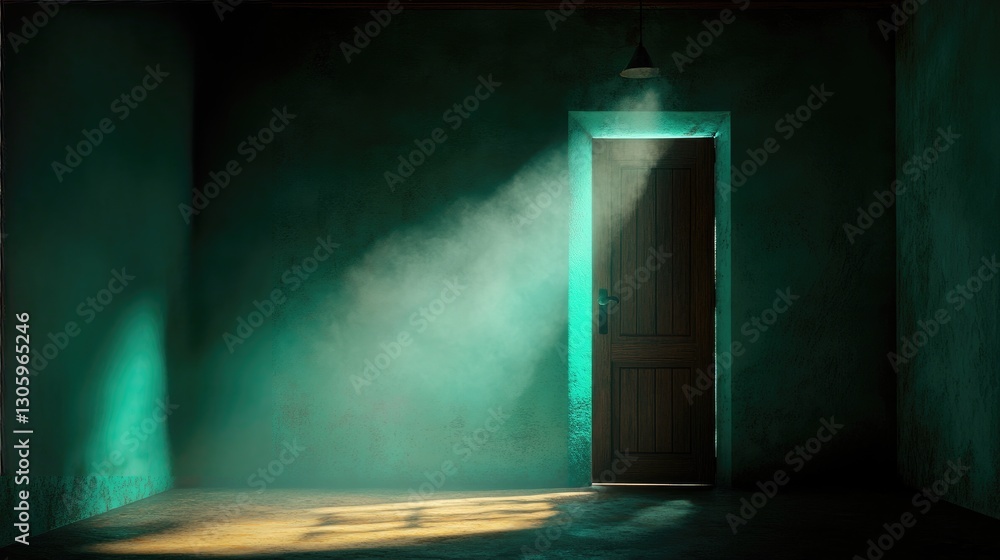 Obraz premium Eerie Sunlight Illuminates Closed Door in Mysterious Dimly Lit Room with Atmospheric Shadows