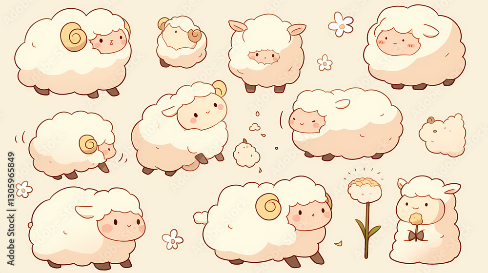 Obraz premium Cute cartoon sheep in various playful poses, surrounded by flowers and a dandelion, perfect for children's designs