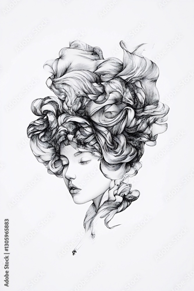 Fototapeta premium Woman, elegant hairstyle, pencil sketch, white background, artistic portrait