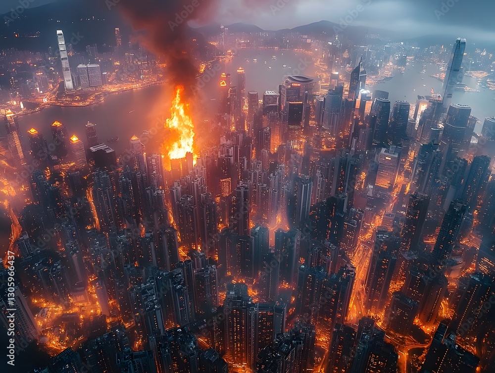 Fototapeta premium Nighttime Cityscape Engulfed in Flames and Explosions Depicting Catastrophic Disaster or Apocalyptic Scenario